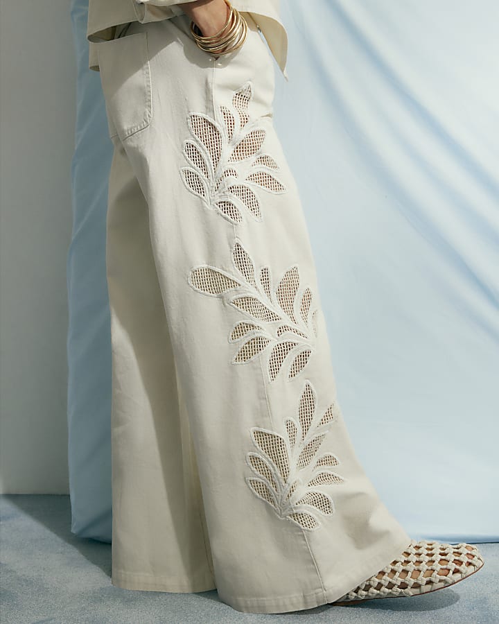 Cream Embroidered Wide Leg Jeans