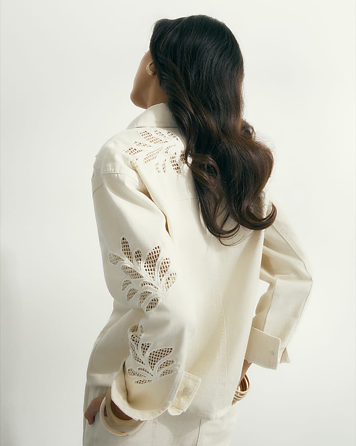 Cream Embroidered Boxy Denim Shirt