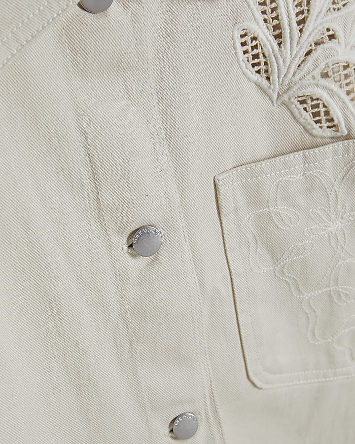 Cream Embroidered Boxy Denim Shirt