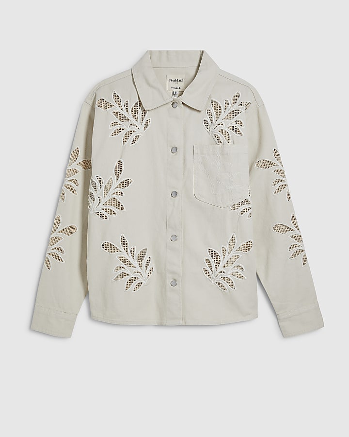 Cream Embroidered Boxy Denim Shirt
