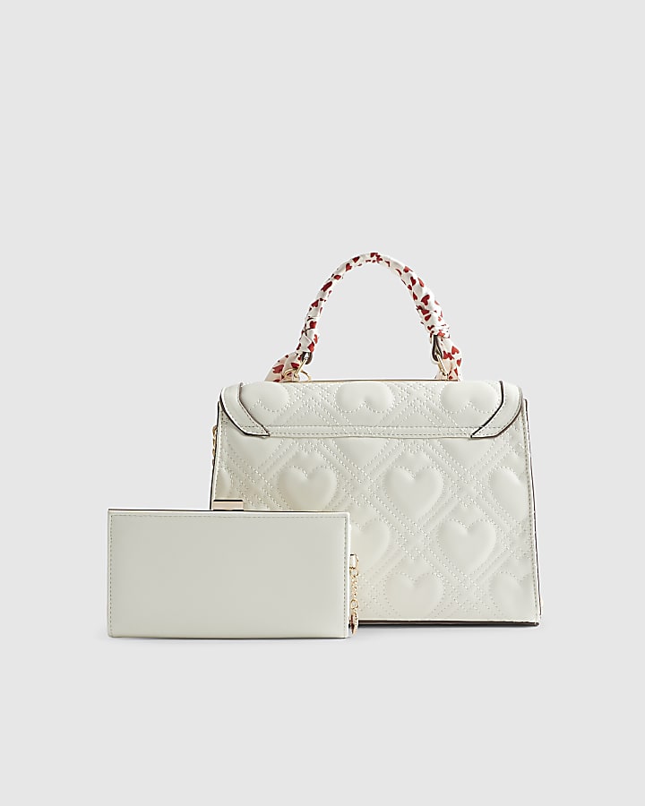 White Quilted Heart Charm Tote Bag Bundle