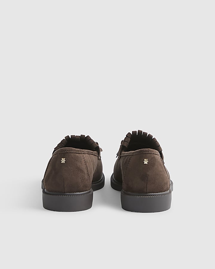 Brown Faux Suede Fringed Loafers