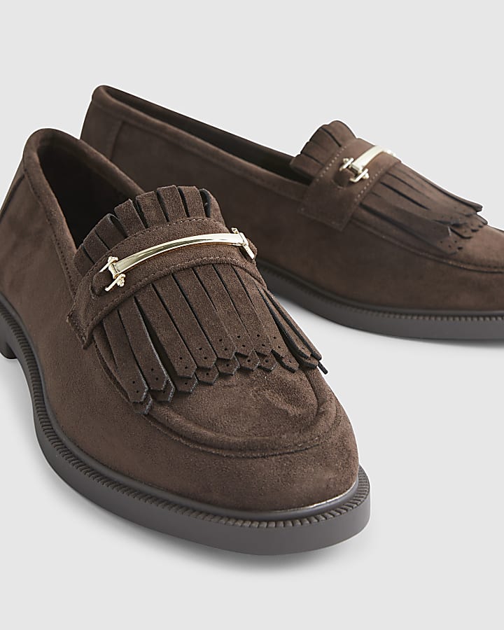 Brown Faux Suede Fringed Loafers