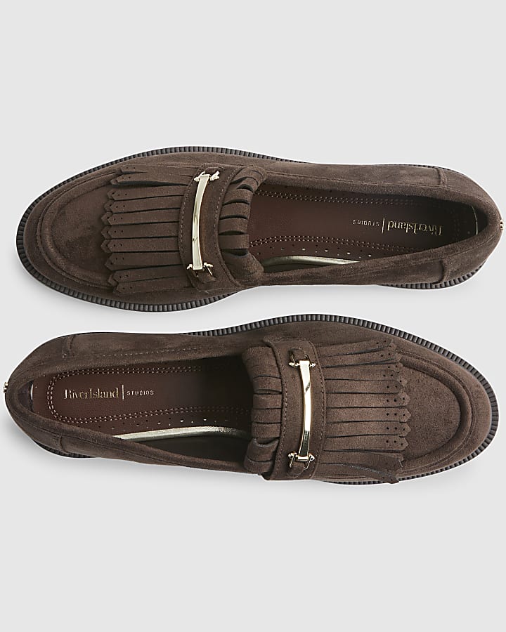 Brown Faux Suede Fringed Loafers
