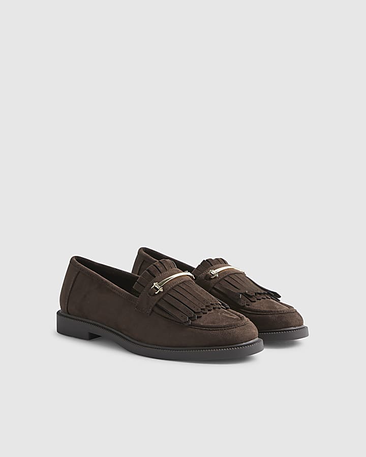 Brown Faux Suede Fringed Loafers
