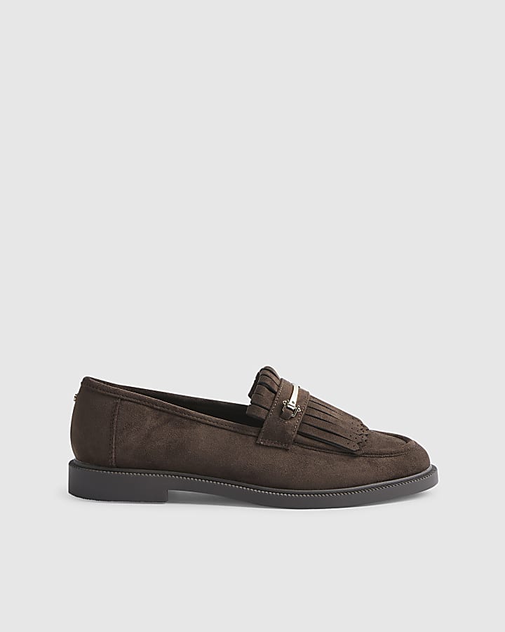 Brown Faux Suede Fringed Loafers