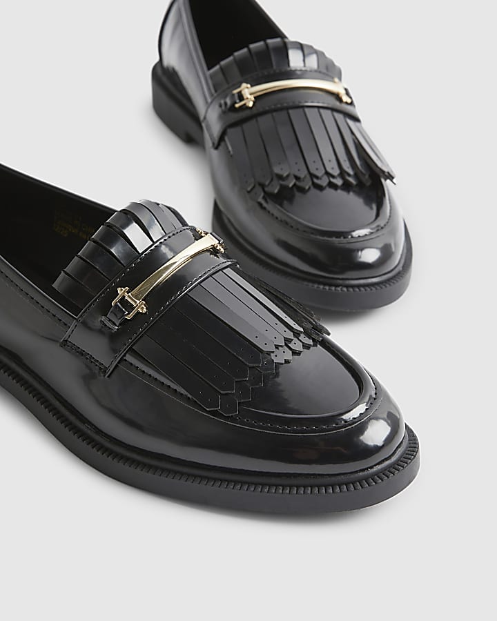 Black Fringe Patent Loafers