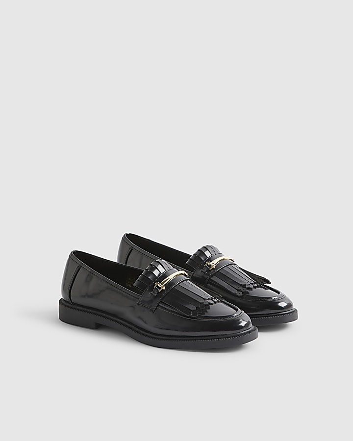 Black Fringe Patent Loafers