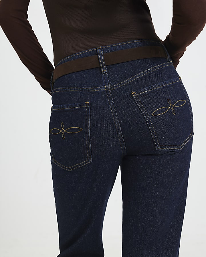 Petite Blue Belted Stretch Straight Leg Jeans