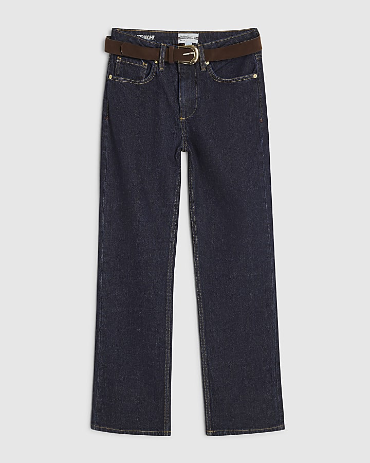 Petite Blue Belted Stretch Straight Leg Jeans