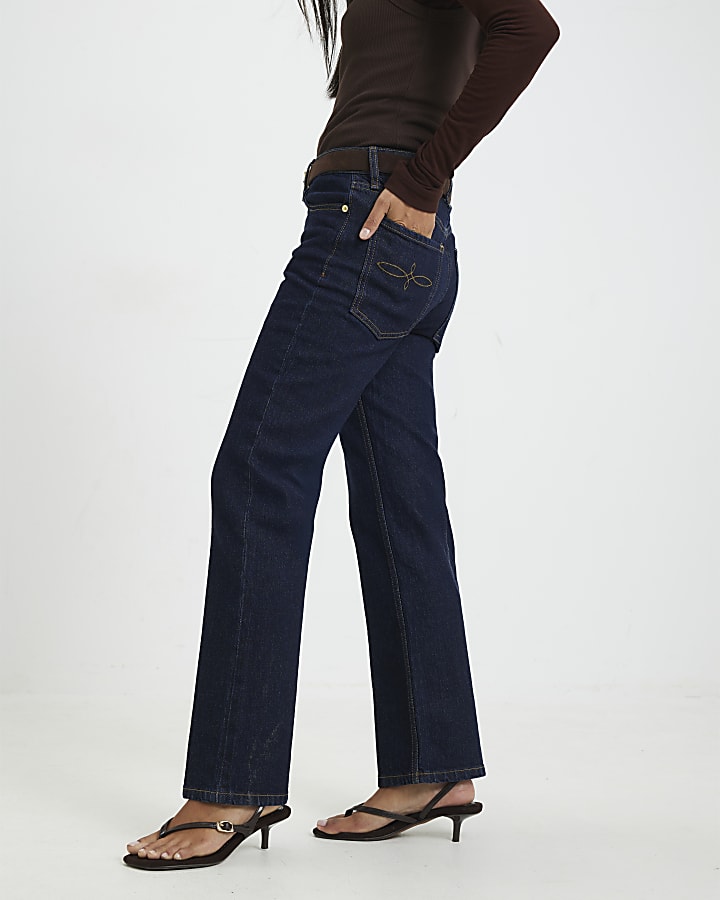 Petite Blue Belted Stretch Straight Leg Jeans