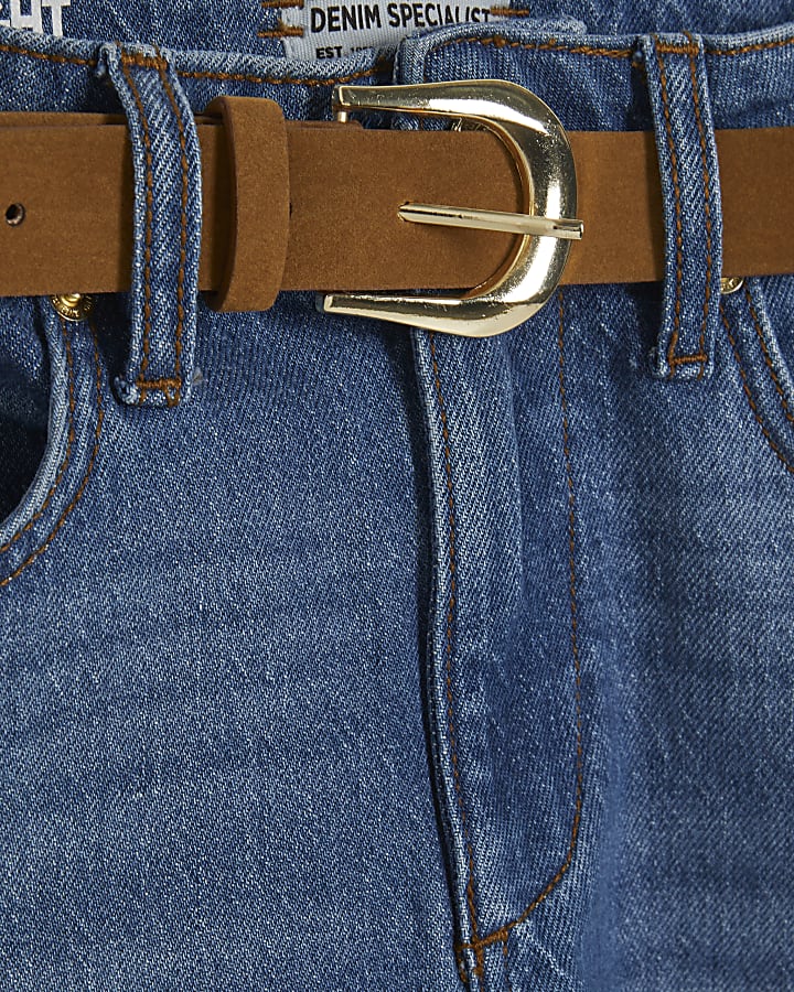 Petite Blue Belted Stretch Straight Jeans