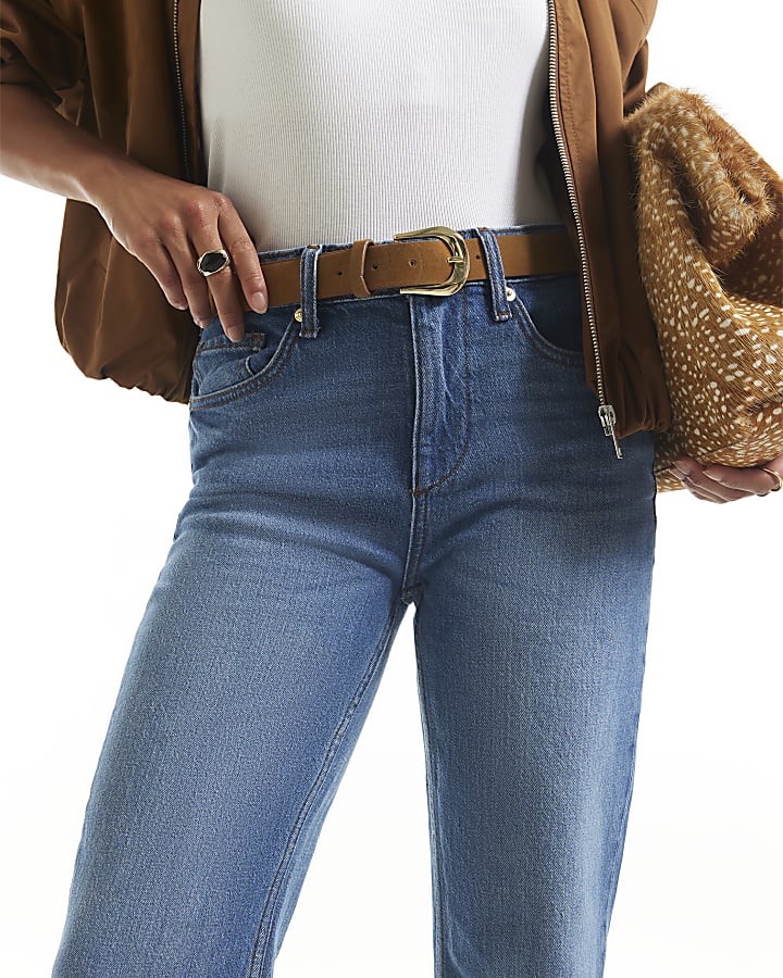 Petite Blue Belted Stretch Straight Jeans
