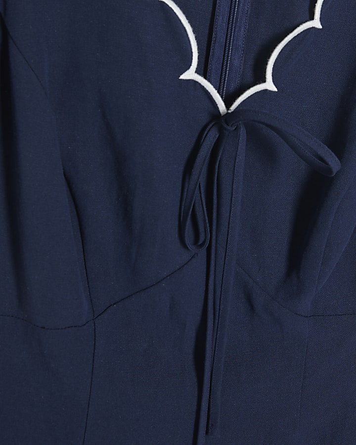 Navy Linen Blend Scallop Trim V Neck Dress