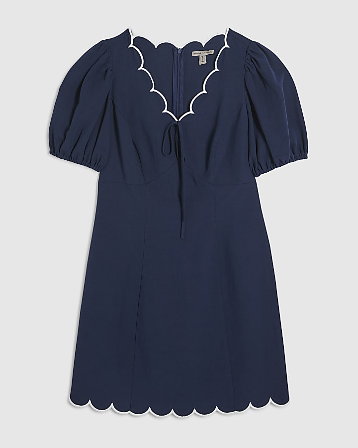 Navy Linen Blend Scallop Trim V Neck Dress
