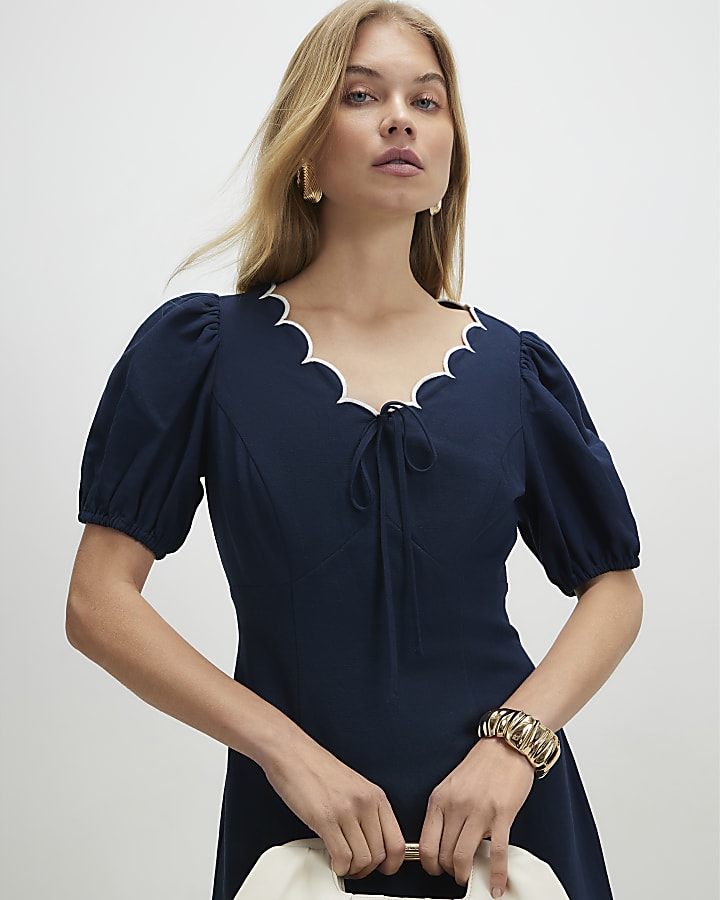 Navy Linen Blend Scallop Trim V Neck Dress
