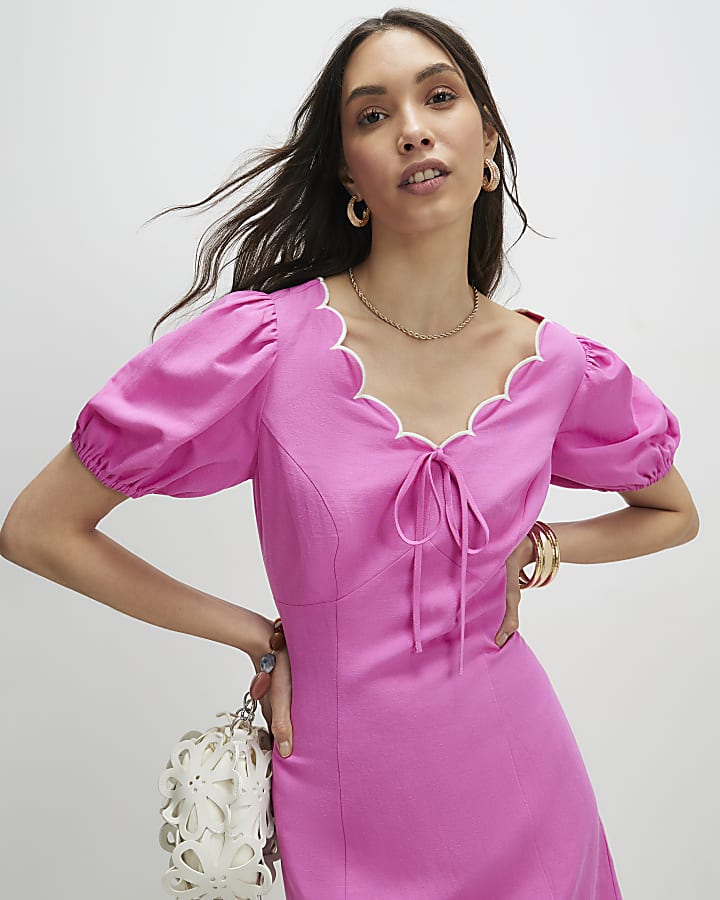 Pink Linen Blend Scallop Trim V Neck Dress