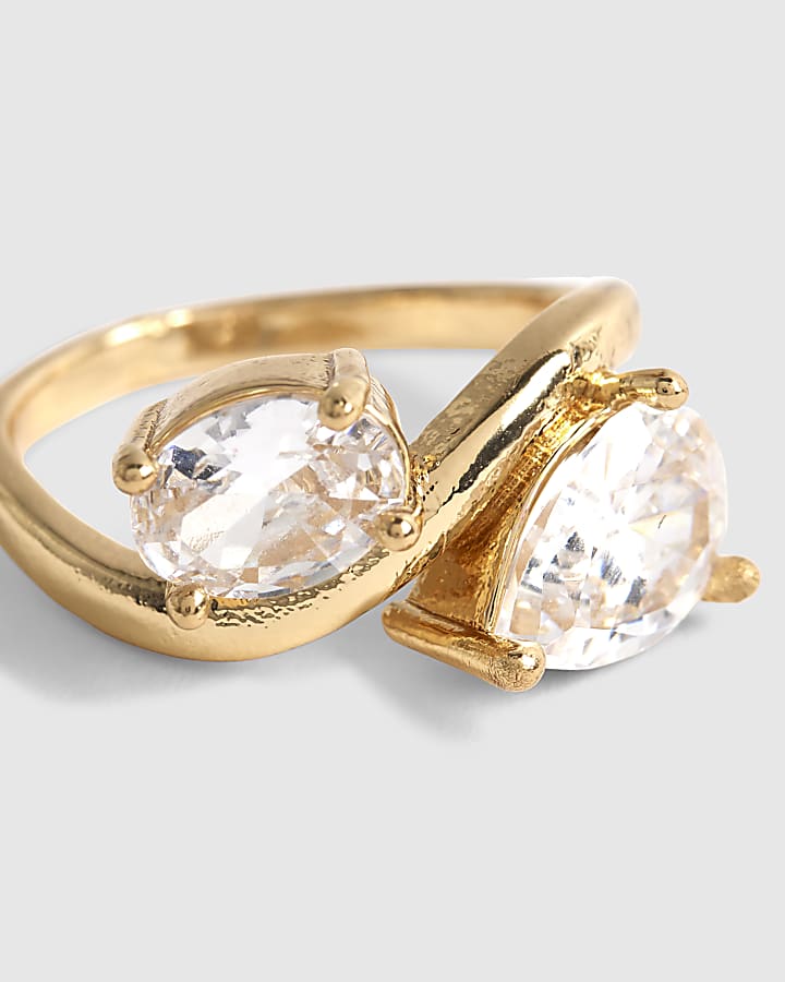 Gold Diamante Double Stone Wave Ring