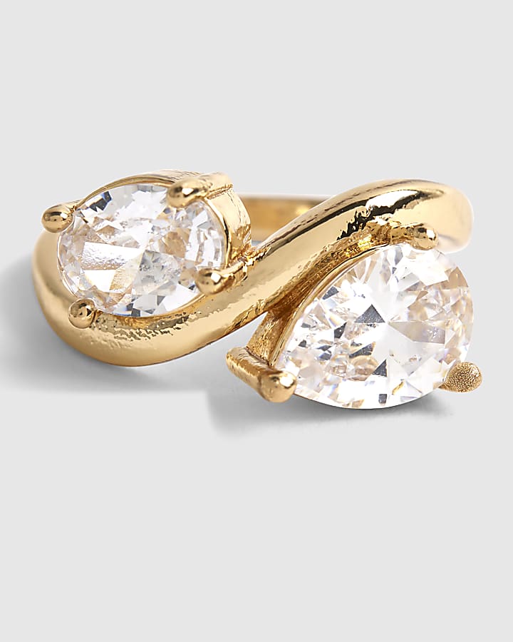Gold Diamante Double Stone Wave Ring