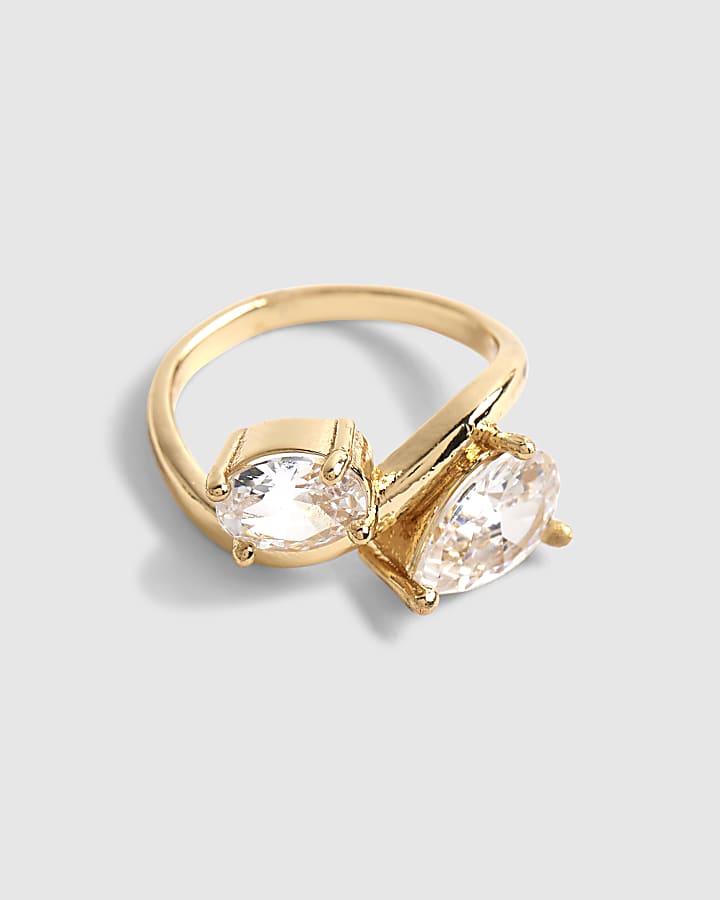Gold Diamante Double Stone Wave Ring