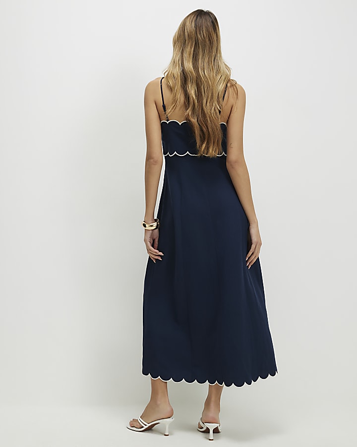 Navy Linen Blend Scallop Trim Midi Dress