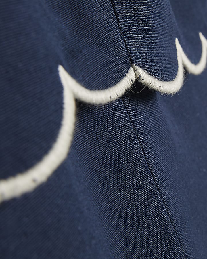 Navy Linen Blend Scallop Trim Midi Dress