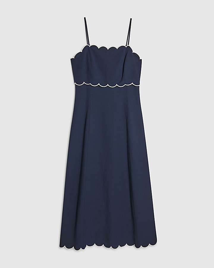 Navy Linen Blend Scallop Trim Midi Dress