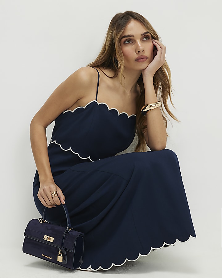 Navy Linen Blend Scallop Trim Midi Dress