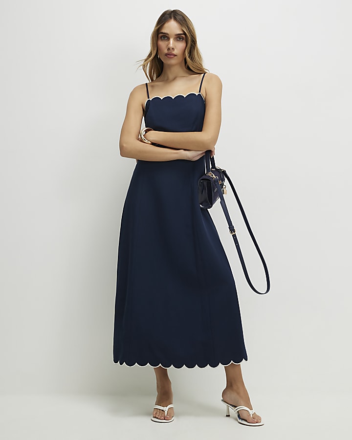 Navy Linen Blend Scallop Trim Midi Dress