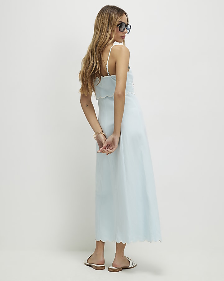 Blue Linen Blend Scallop Trim Midi Dress