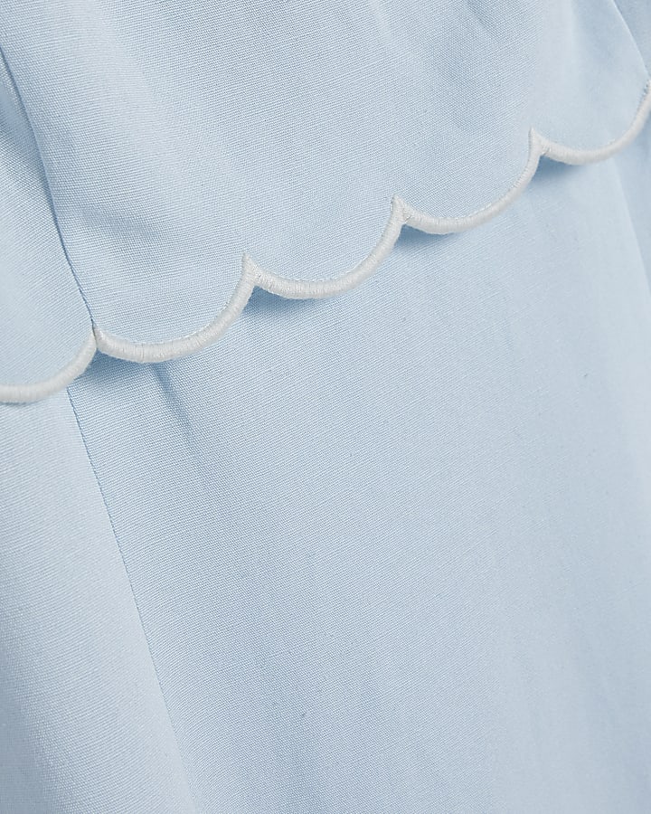 Blue Linen Blend Scallop Trim Midi Dress