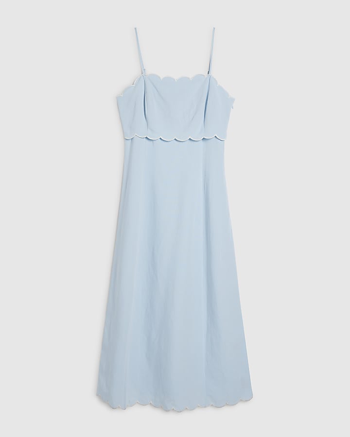 Blue Linen Blend Scallop Trim Midi Dress
