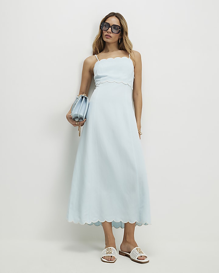Blue Linen Blend Scallop Trim Midi Dress