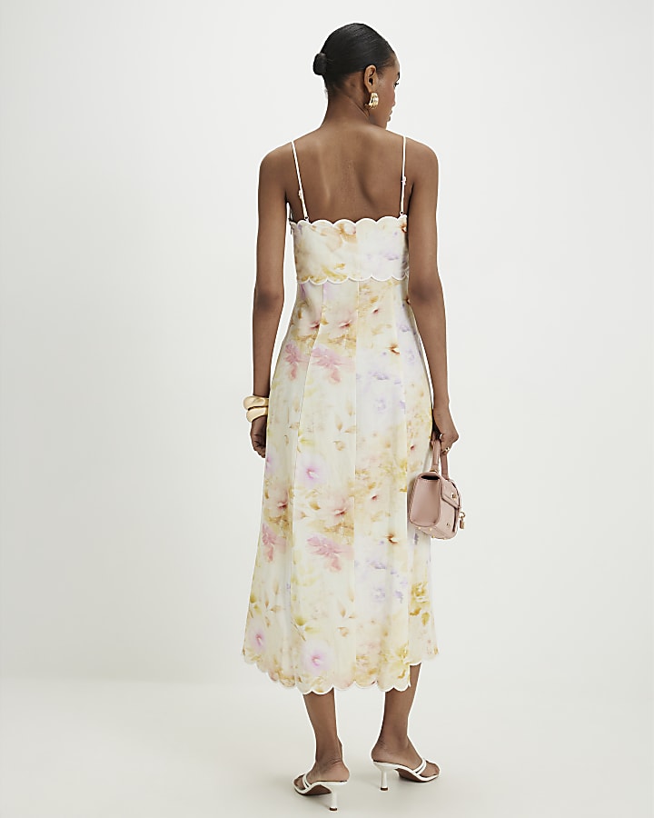 Cream Linen Blend Scallop Trim Midi Dress