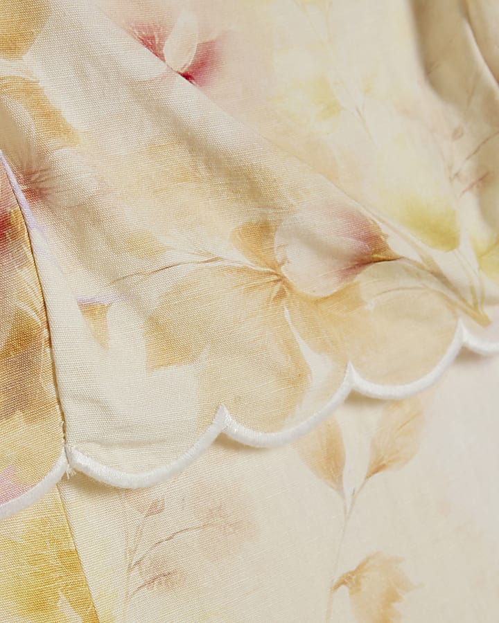 Cream Linen Blend Floral Scallop Midi Dress