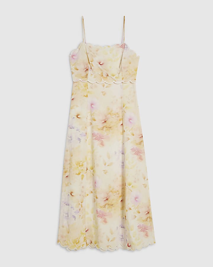 Cream Linen Blend Floral Scallop Midi Dress
