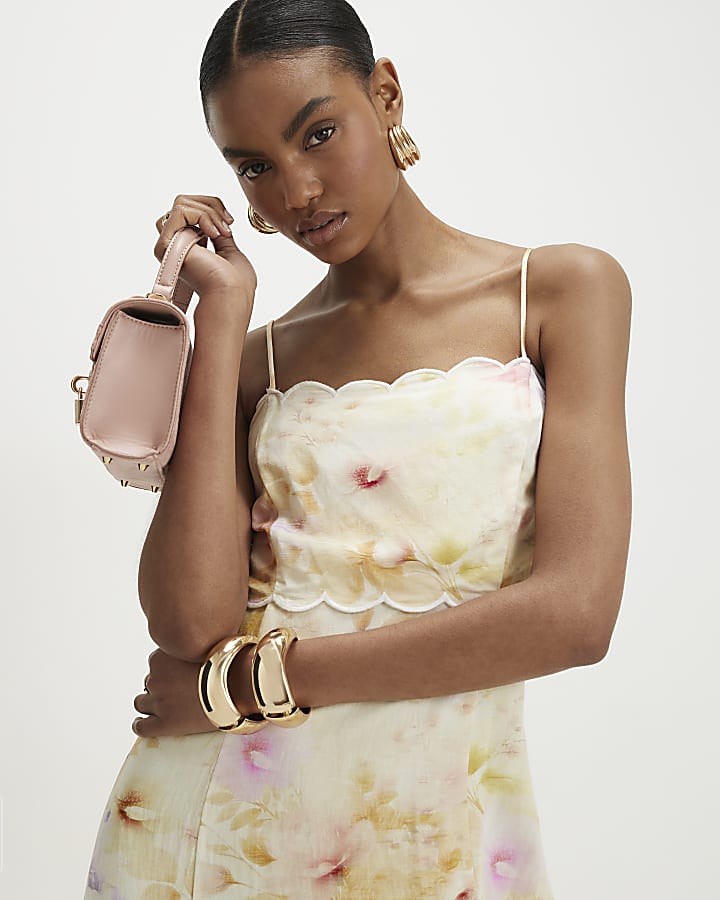 Cream Linen Blend Scallop Trim Midi Dress