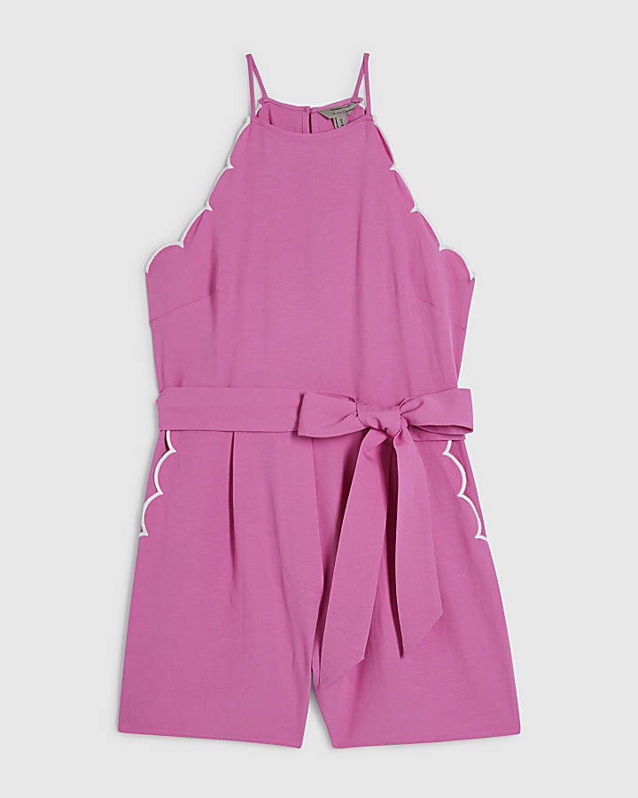 Pink Linen Blend Scallop Trim Playsuit