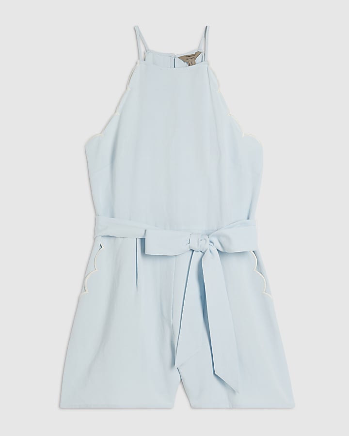 Blue Linen Blend Scallop Trim Playsuit