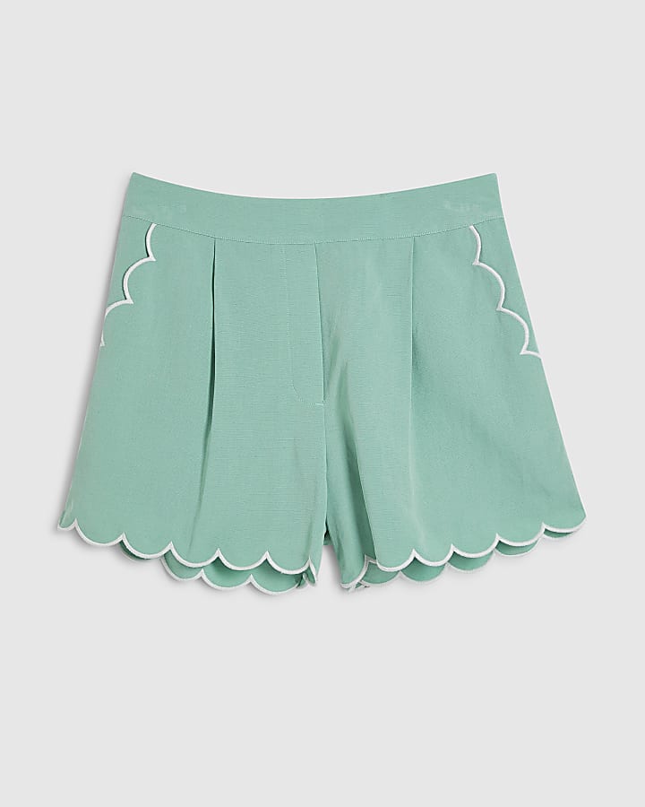 Green Linen Blend Scallop Trim Shorts