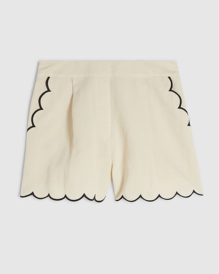 Cream Linen Blend Scallop Trim Shorts