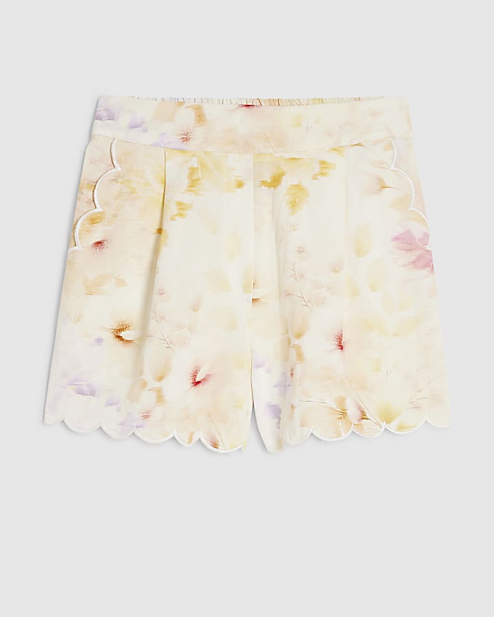 Cream Linen Blend Floral Scallop Trim Shorts