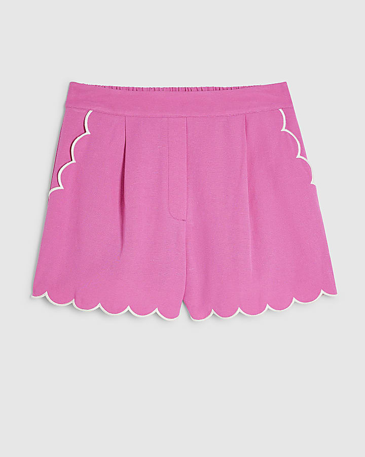 Pink Linen Blend Scallop Trim Shorts
