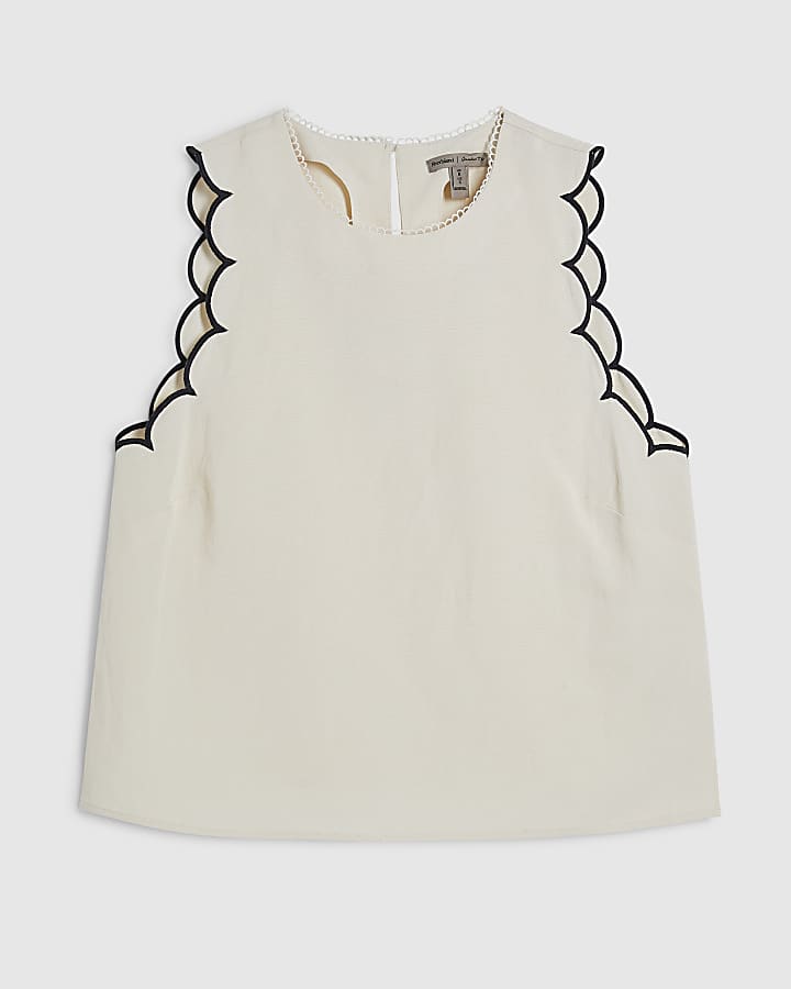 Cream Linen Blend Scallop Trim Tank Top
