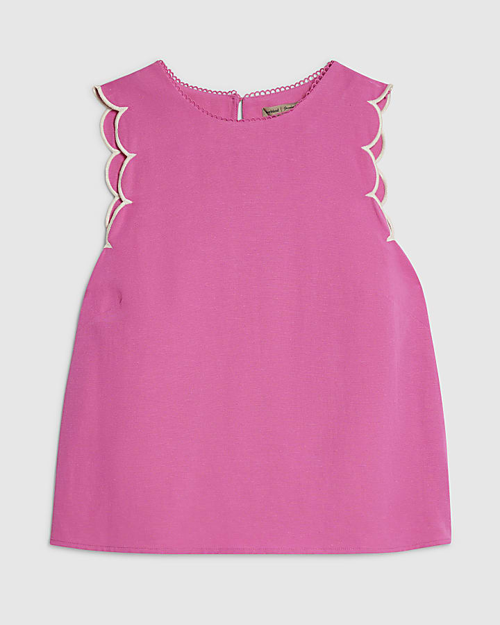 Pink Linen Blend Scallop Trim Tank Top