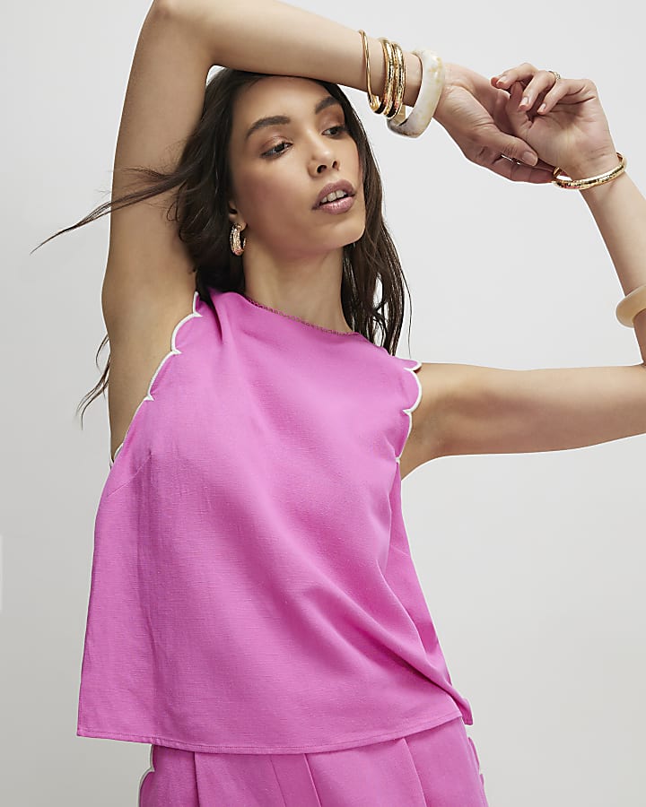 Pink Linen Blend Scallop Trim Tank Top