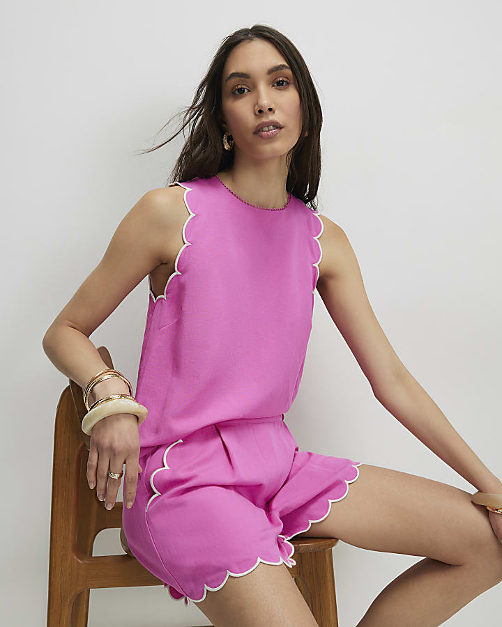 Pink Linen Blend Scallop Trim Tank Top