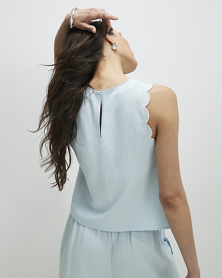 Blue Linen Blend Scallop Trim Tank Top