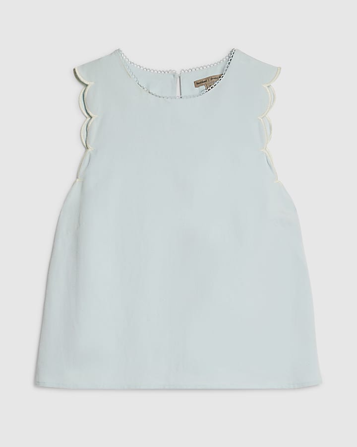 Blue Linen Blend Scallop Trim Tank Top