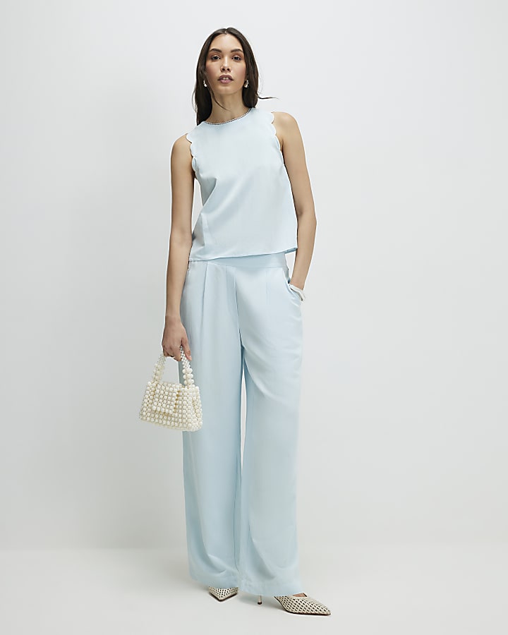 Blue Linen Blend Scallop Trim Tank Top